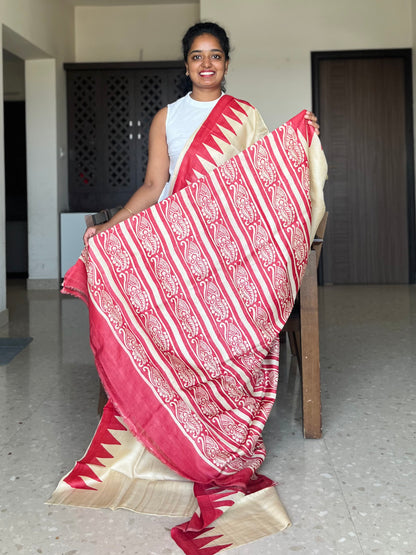 Cream and Red Tussar Silk Saree with Prints