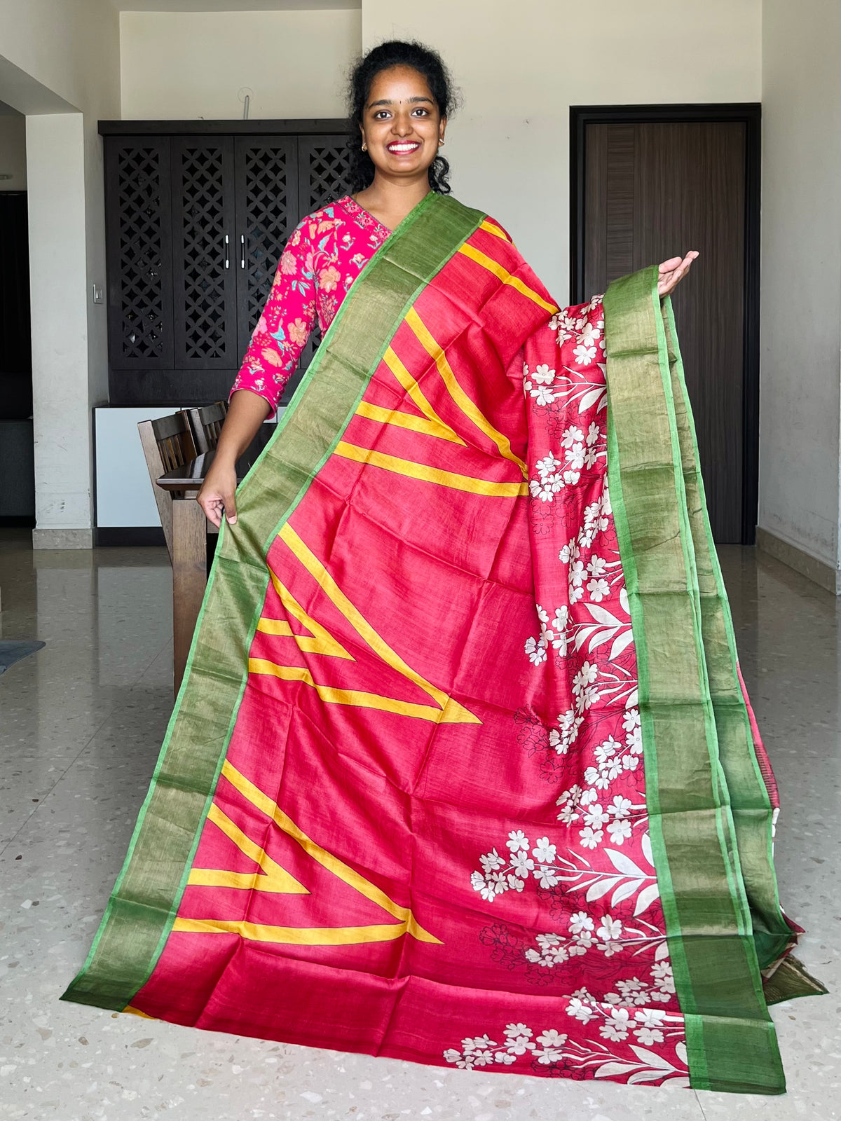 Red and Green Tussar Silk Saree with Prints