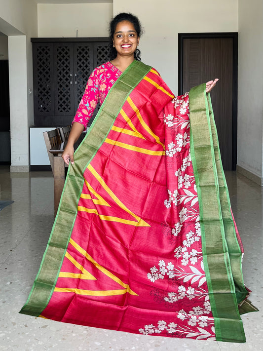 Red and Green Tussar Silk Saree with Prints