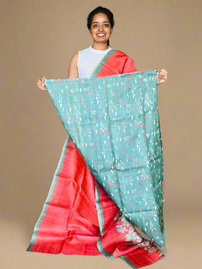 Red and Olive Green Tussar Silk Saree with Prints