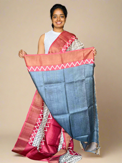 Maroon Tussar Silk Saree with Prints
