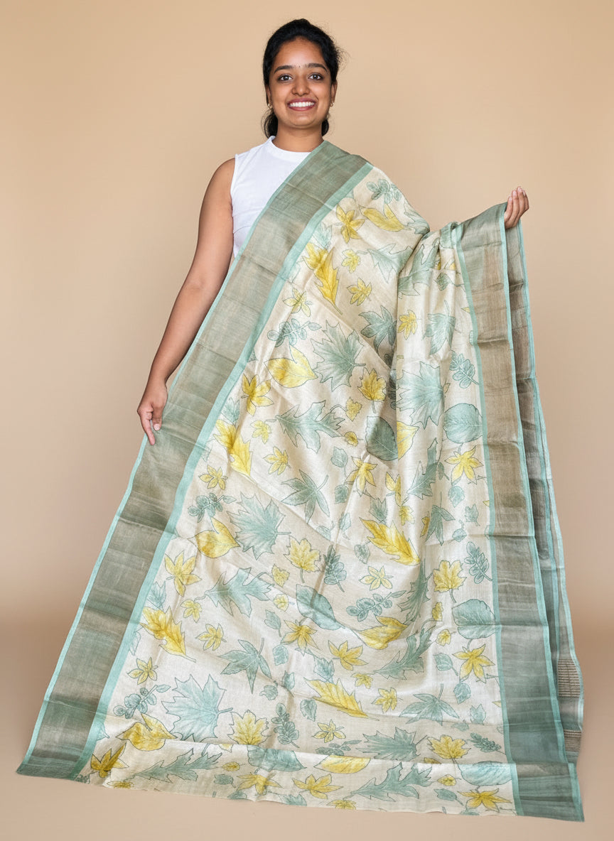 Cream and Green Tussar Silk Saree with Prints