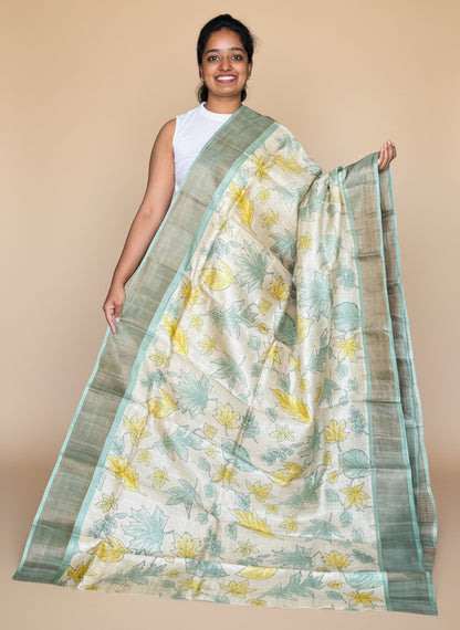 Cream and Green Tussar Silk Saree with Prints