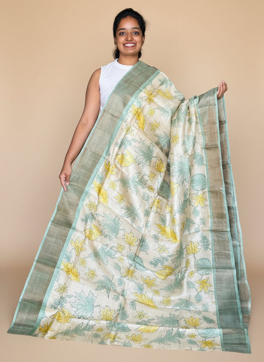 Cream and Green Tussar Silk Saree with Prints