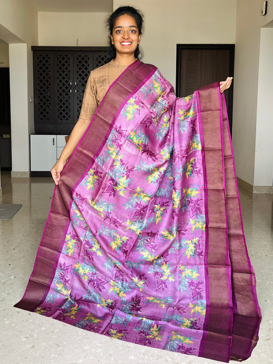 Purple Tussar Silk Saree with Prints