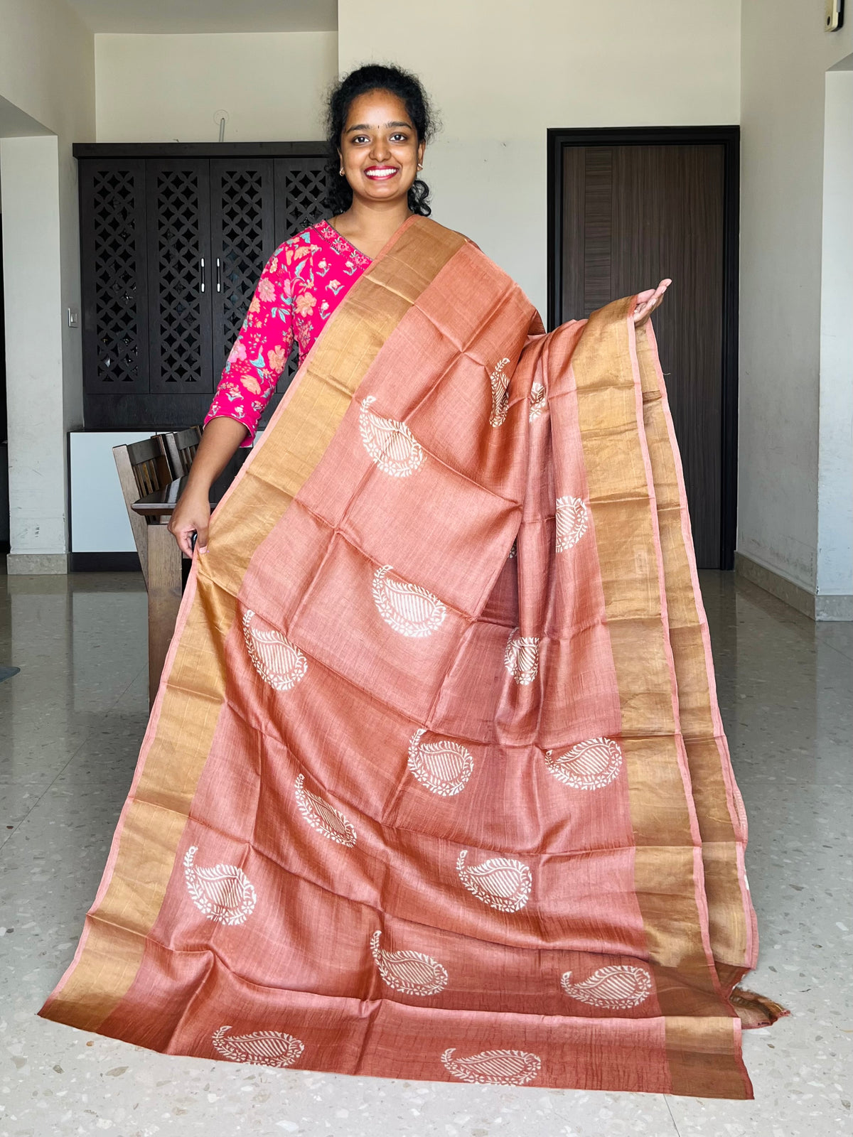 Rust Orange Tussar Silk Saree with Prints