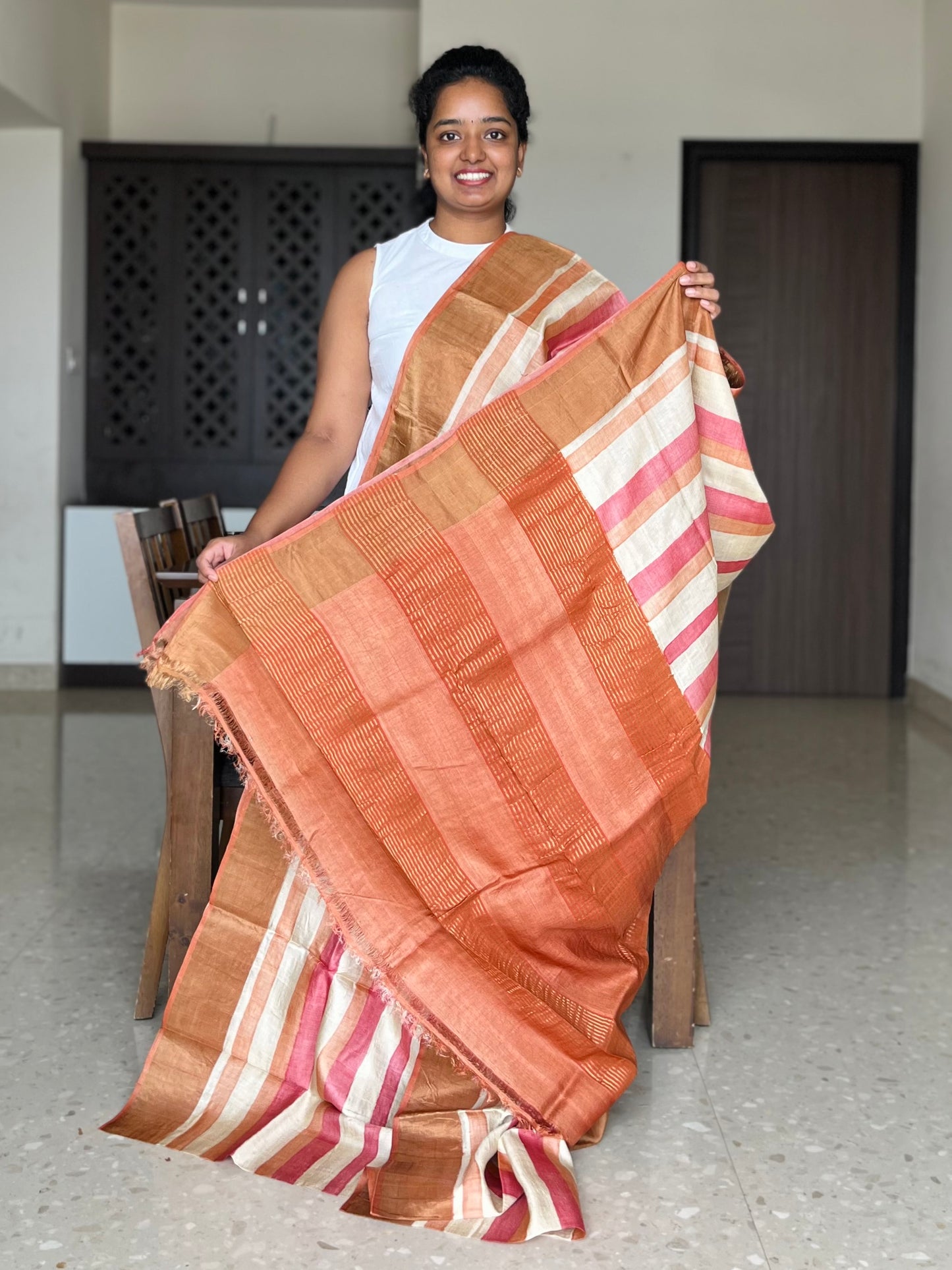 Cream and Orange Tussar Silk Saree with Prints
