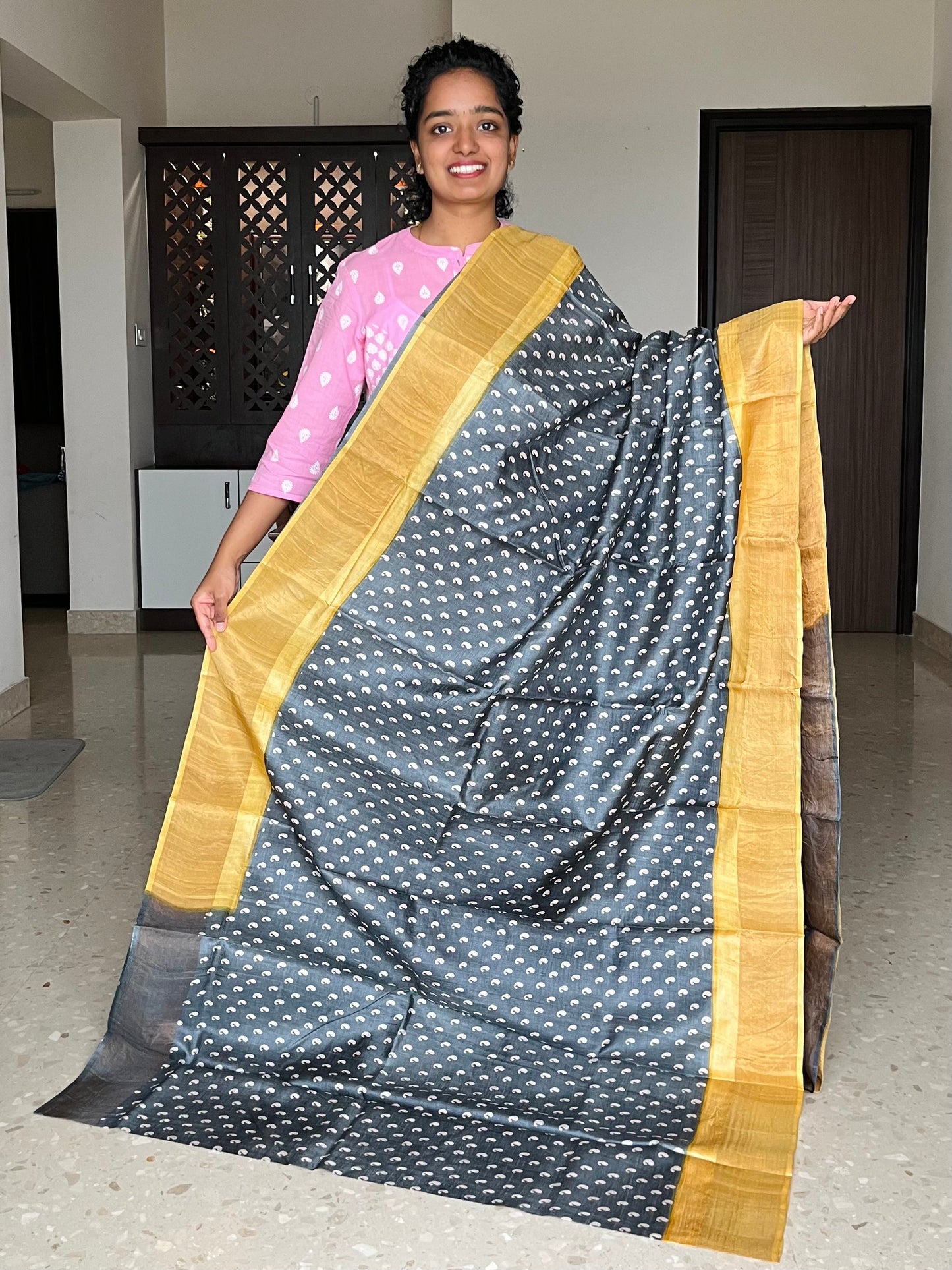 Black and Yellow Tussar Silk Saree with Prints