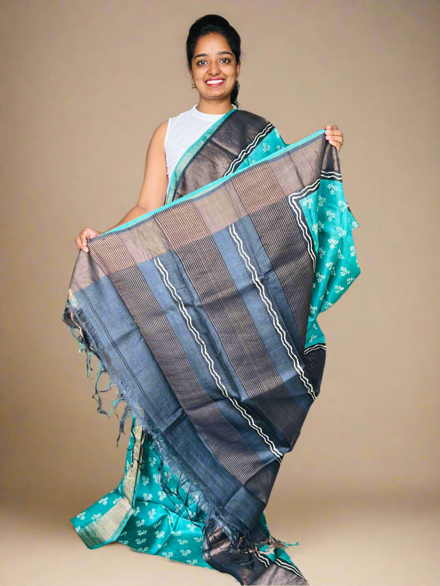 Teal and Black Tussar Silk Saree with Prints