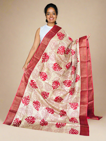 Cream and Red Tussar Silk Saree with Prints