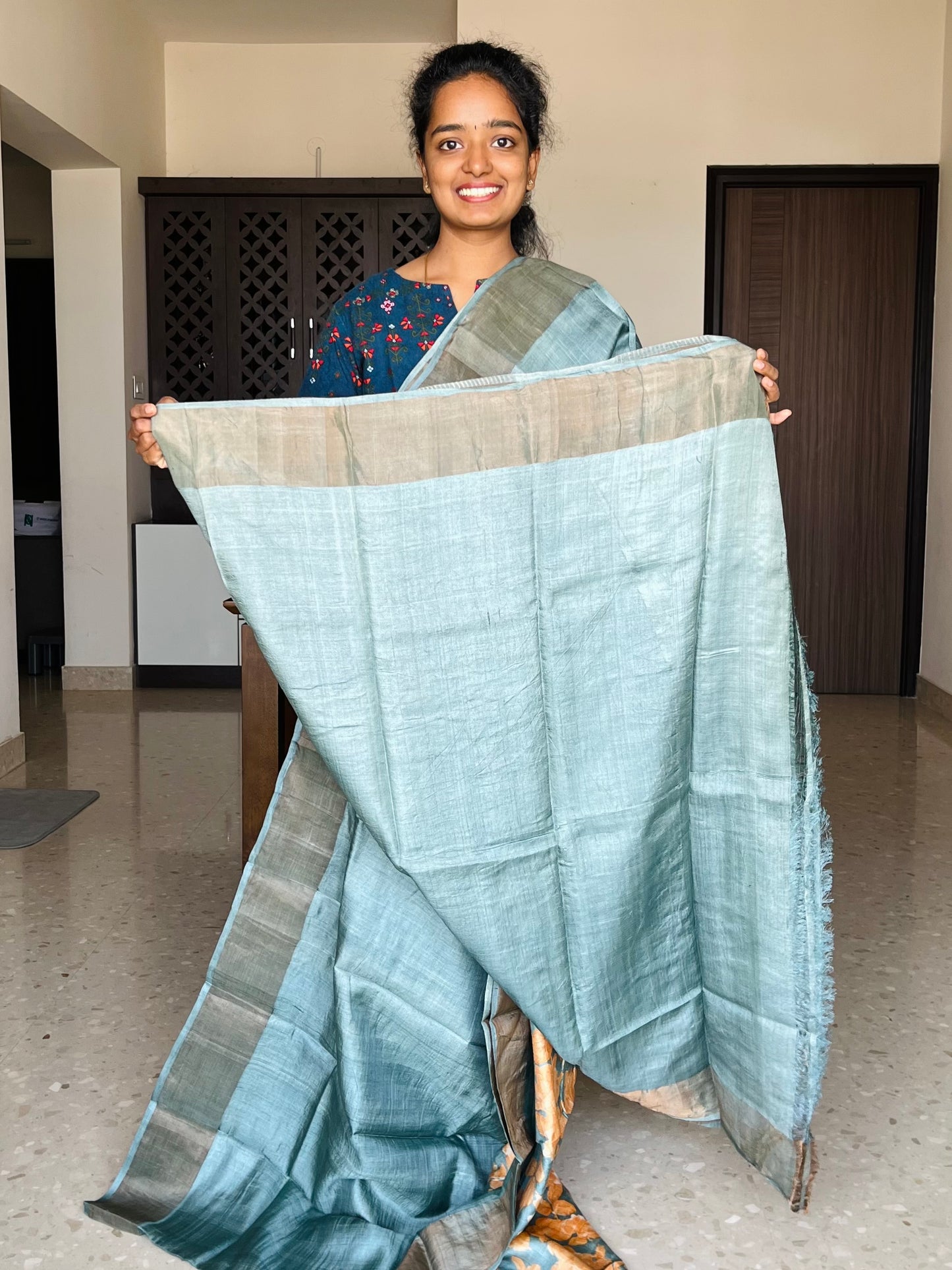 Oyster Bay Green Tussar Silk Saree with Prints
