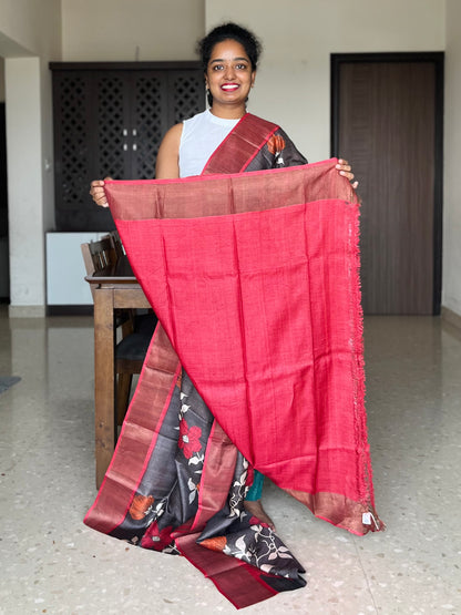 Coffee Brown Tussar Silk Saree with Prints