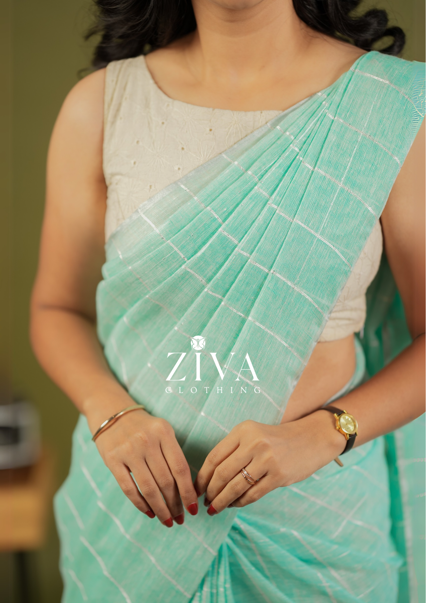 Pastel Green Linen Saree Woven With Sequins