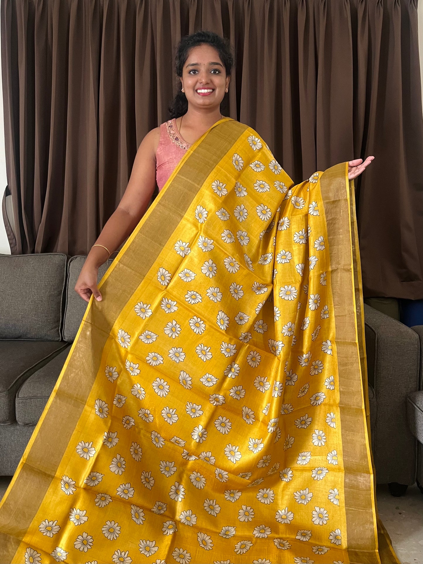 Yellow Tussar Silk Saree with Prints