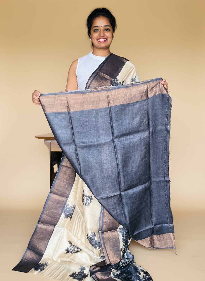 Cream and Black Tussar Silk Saree with Prints