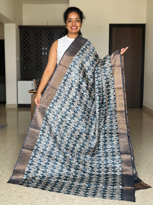 Grey Tussar Silk Saree with Prints
