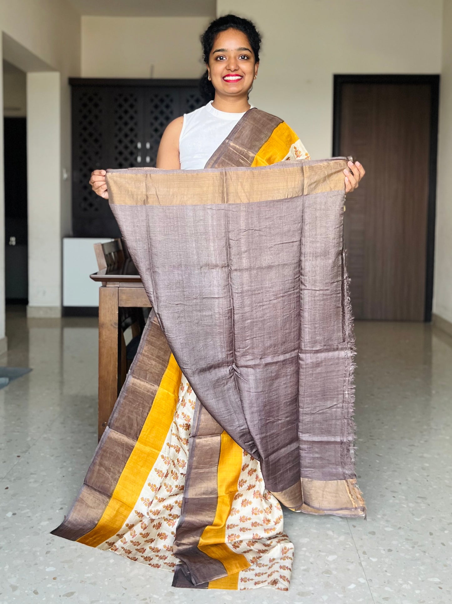 Cream, Mustard and Brown Tussar Silk Saree with Prints