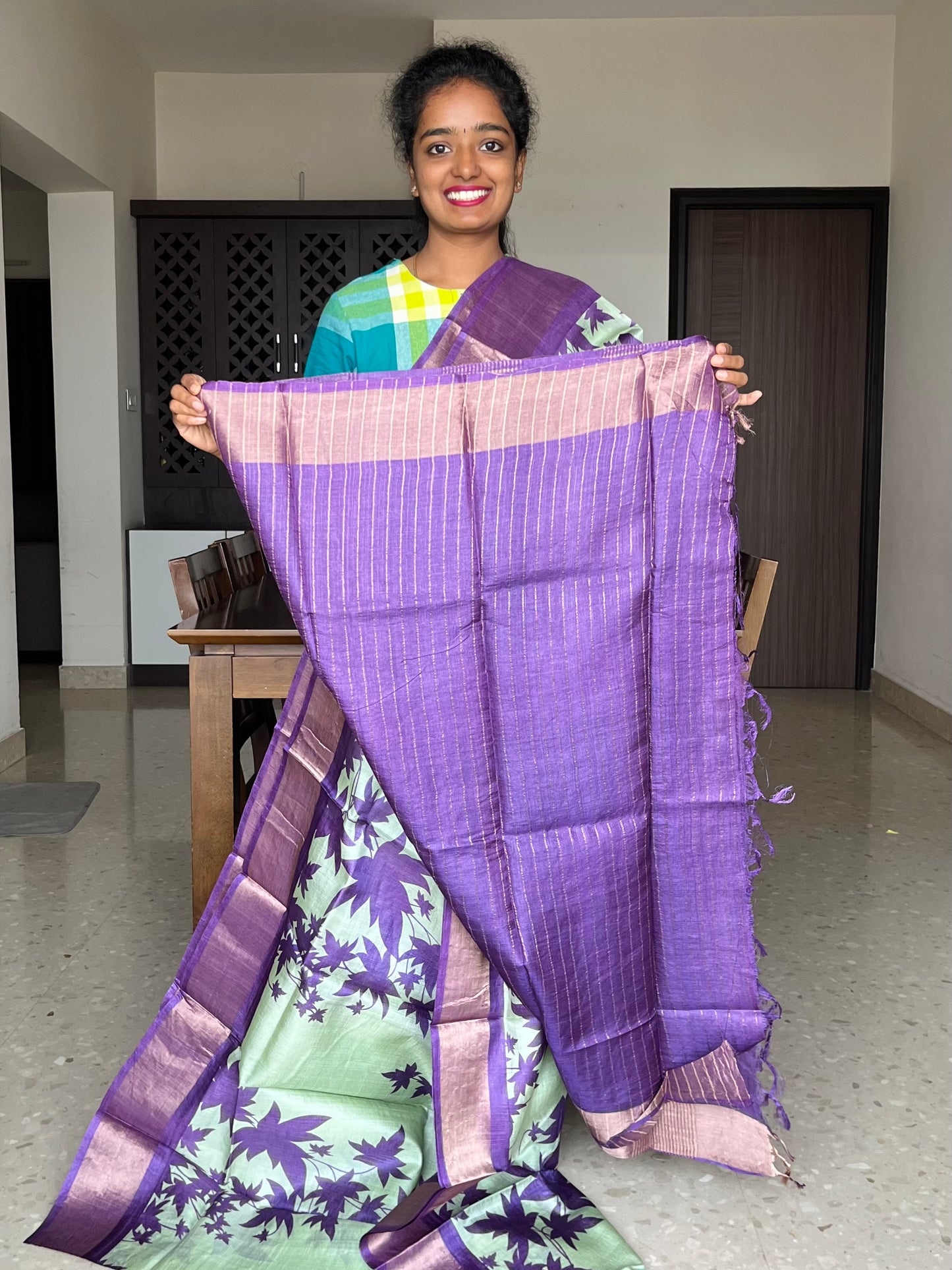 Mint Green and Violet Tussar Silk Saree with Prints