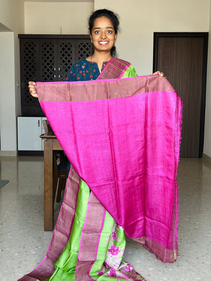 Green and Rani Pink Tussar Silk Saree with Prints