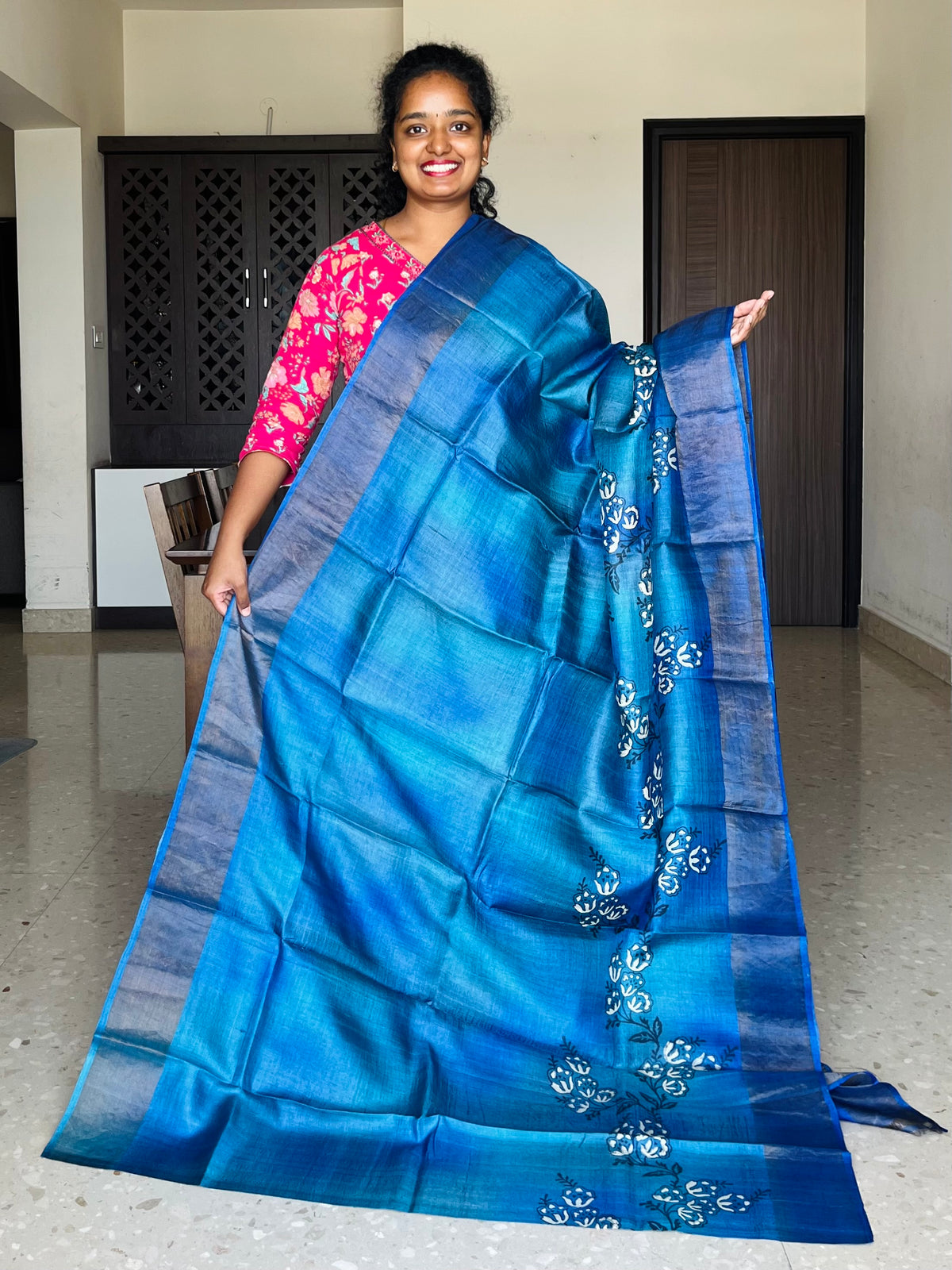 Blue Tussar Silk Saree with Prints