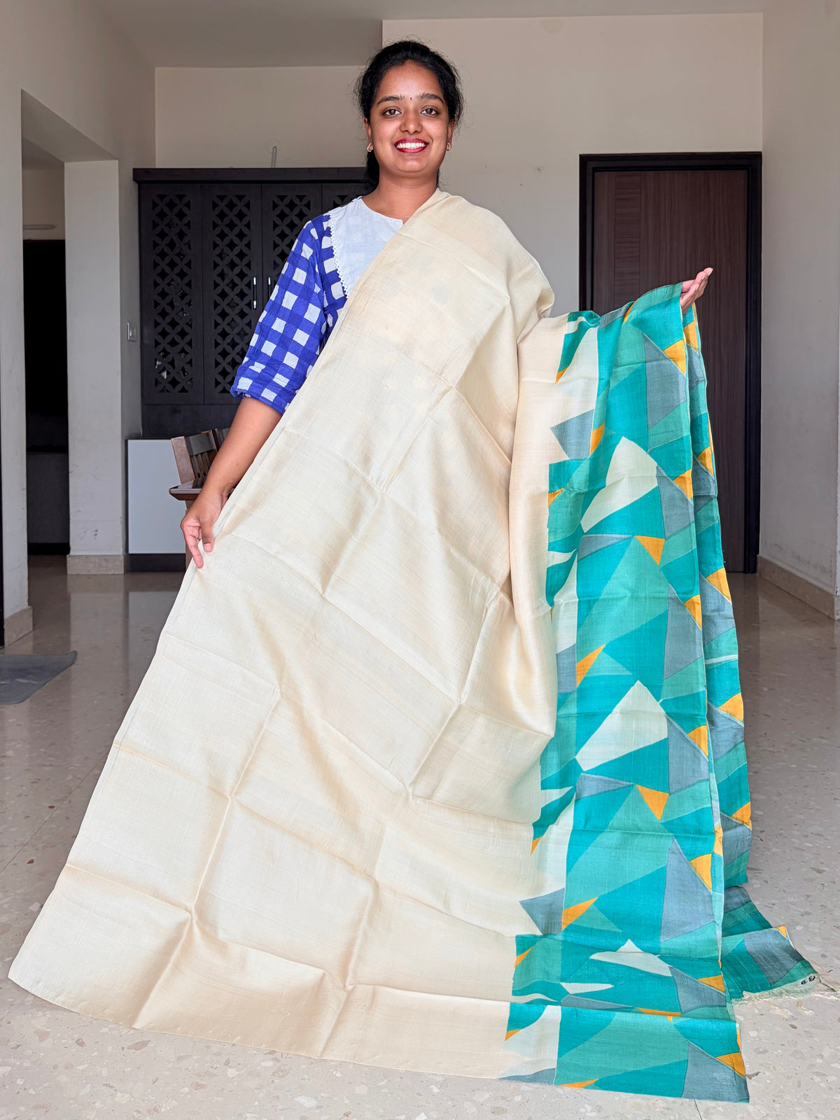 Cream Tussar Silk Saree with Prints