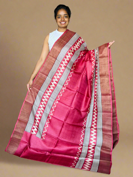 Maroon Tussar Silk Saree with Prints