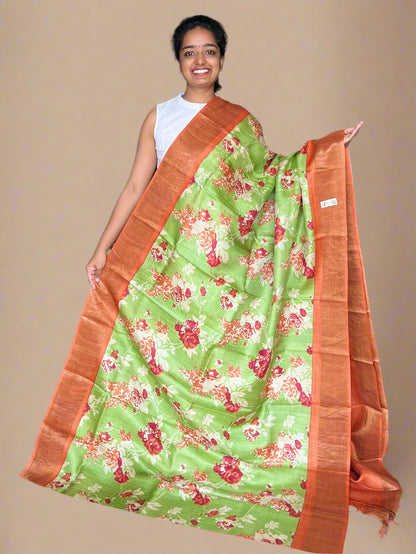 Green and Orange Tussar Silk Saree with Prints