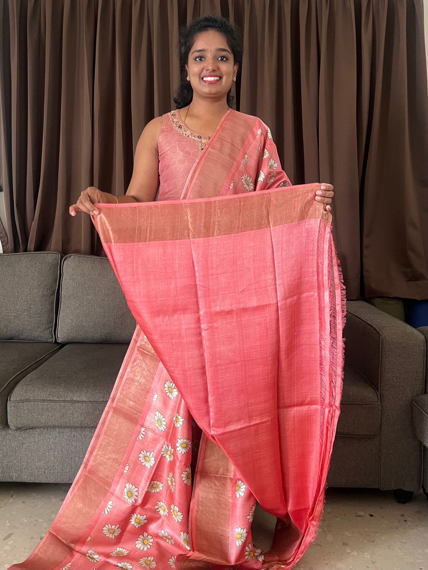 Peach Tussar Silk Saree with Prints