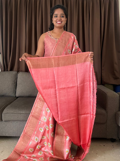 Peach Tussar Silk Saree with Prints