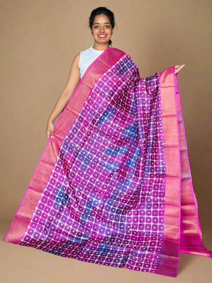 Pink and Violet Tussar Silk Saree with Prints