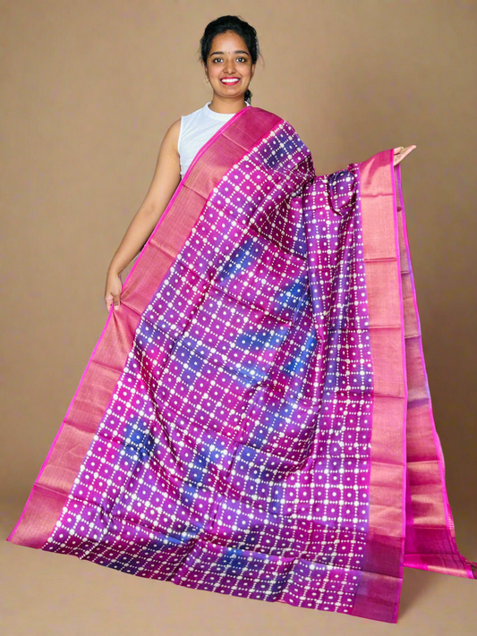 Pink and Violet Tussar Silk Saree with Prints