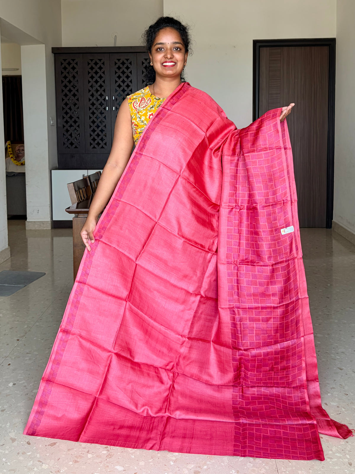 Peach Tussar Silk Saree with Prints