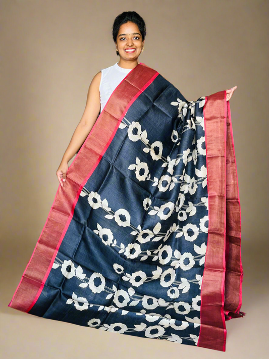 Black and Red Tussar Silk Saree with Prints