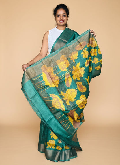 Dark Green Tussar Silk Saree with Prints