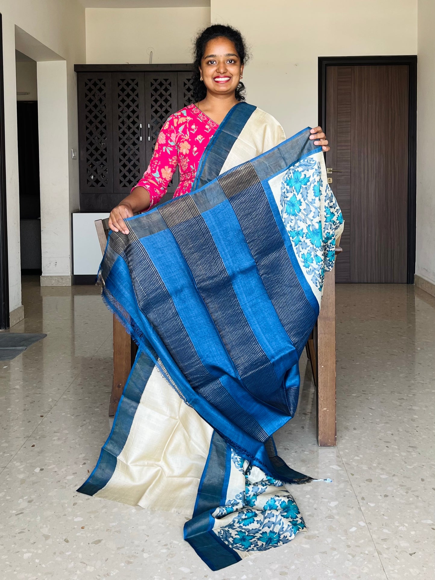 Cream and Blue Tussar Silk Saree with Prints