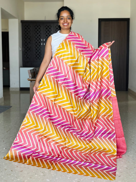 Pink and Yellow Tussar Silk Saree with Prints