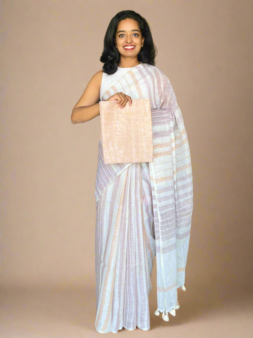 White  Linen Saree With Woven Brown and Orange Stripes