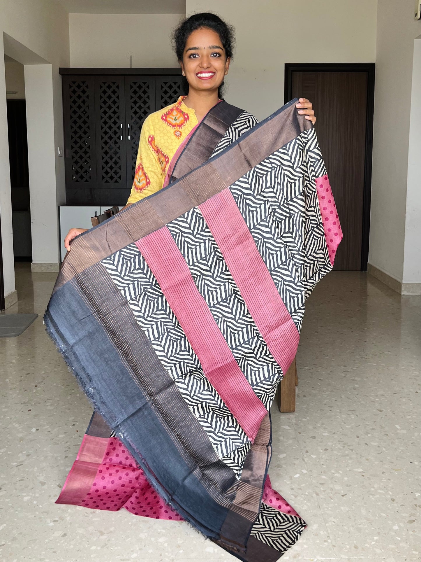 Pink and Black Tussar Silk Saree with Prints