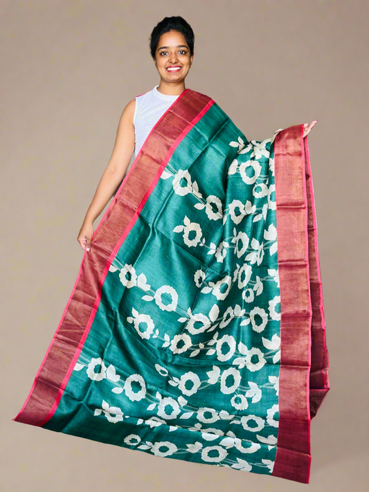 Dark Green and Red Tussar Silk Saree with Prints
