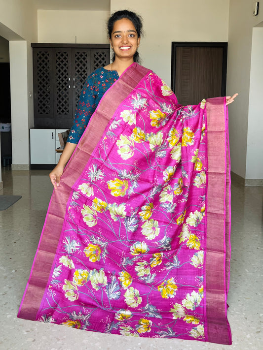 Rani Pink Tussar Silk Saree with Prints