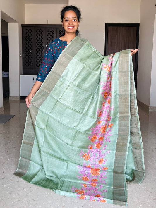 Olive Green Tussar Silk Saree with Prints