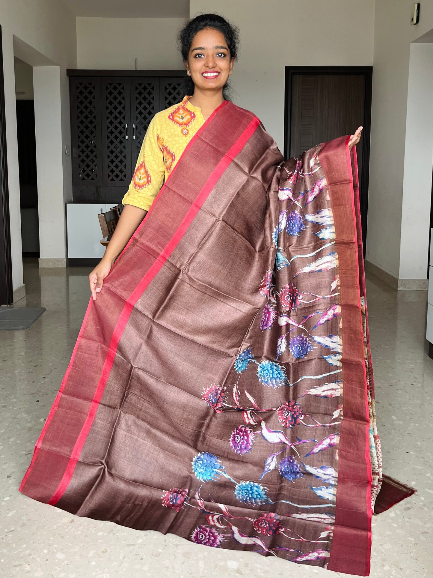 Brown and Red Tussar Silk Saree with Prints