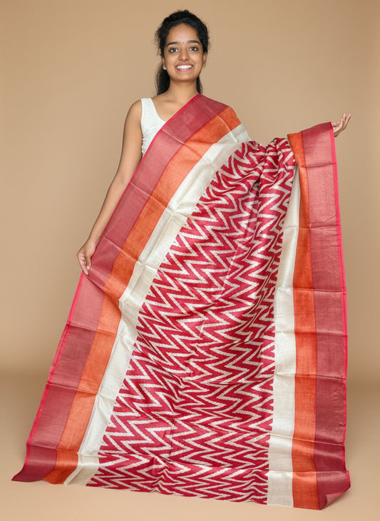 Cream, Red and Orange Tussar Silk Saree with Prints