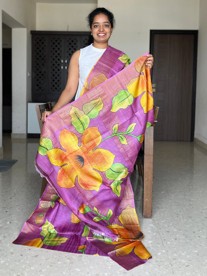 Purple Tussar Silk Saree with Prints