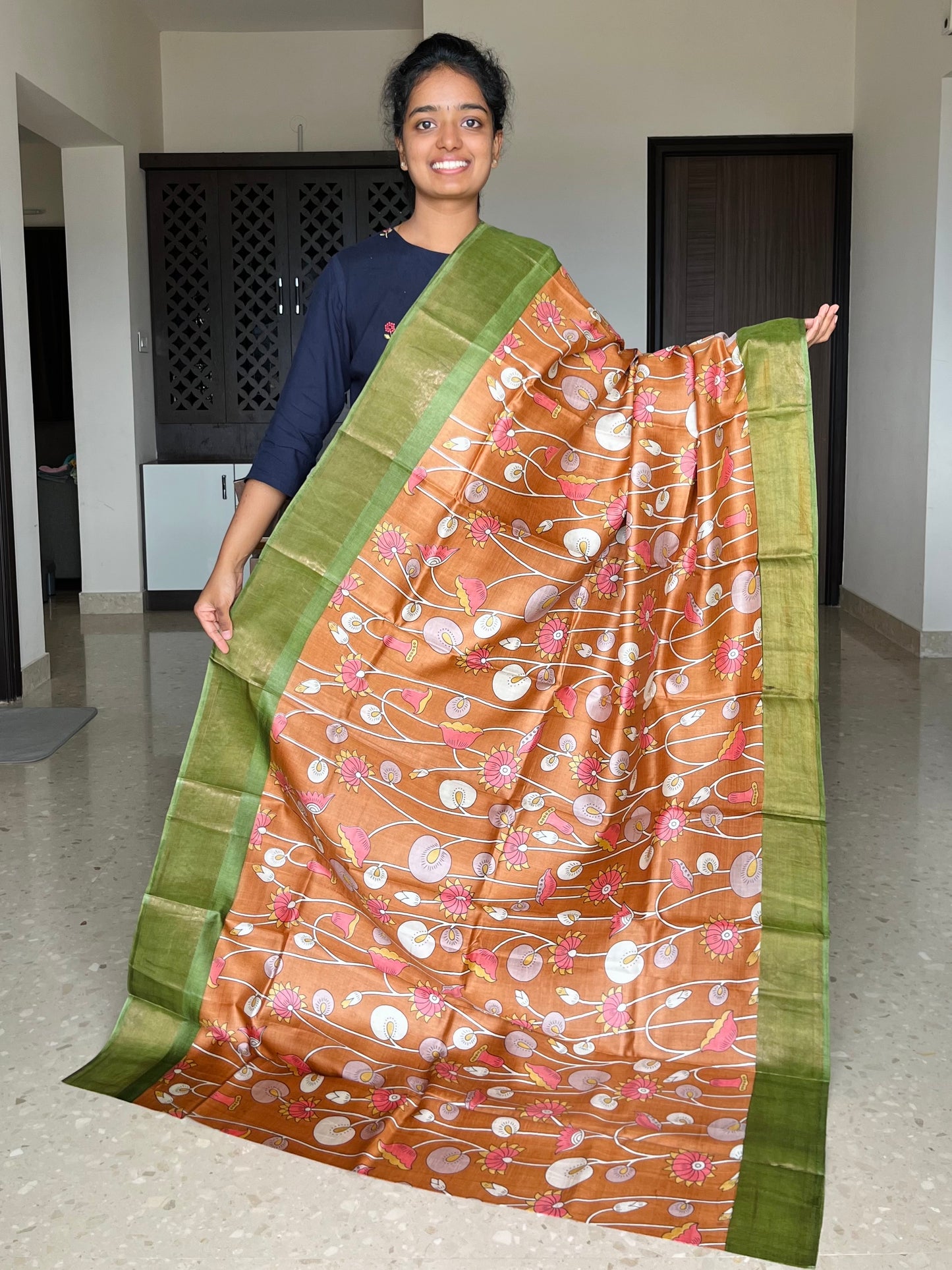 Rust and Green Tussar Silk Saree with Prints