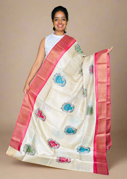 Cream and Red Tussar Silk Saree with Prints