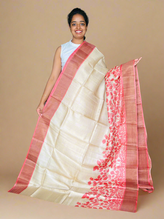 Cream and Peach Tussar Silk Saree with Prints