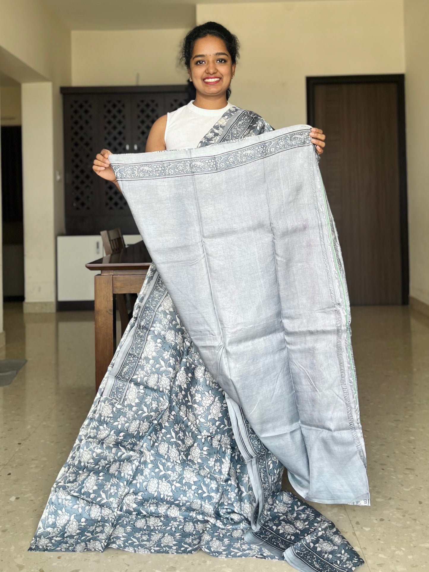 Grey Tussar Silk Saree with Prints