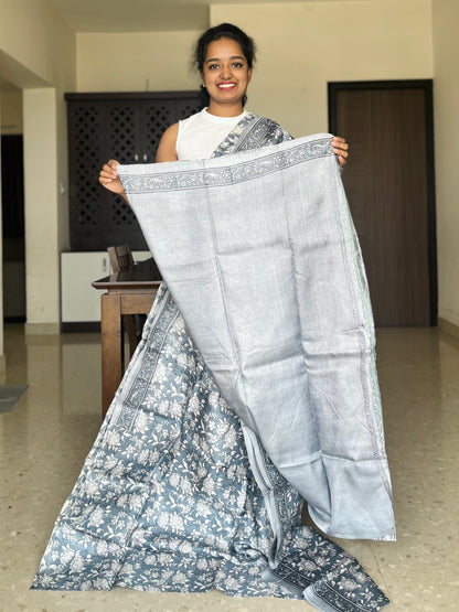 Grey Tussar Silk Saree with Prints