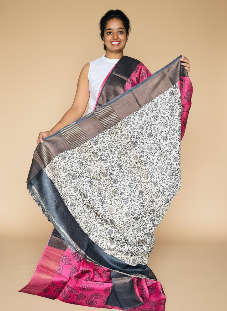 Magenta and Black Tussar Silk Saree with Prints